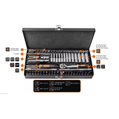 NEO TOOLS Set nasadnih ključeva, 63 dijela, 1/4"